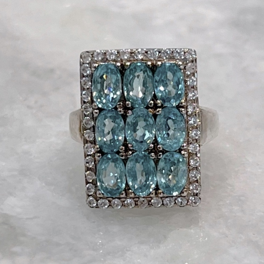Cambodian Blue Zircon White Zircon Sterling Silver Rectangular Cluster R… - Picture 11 of 14